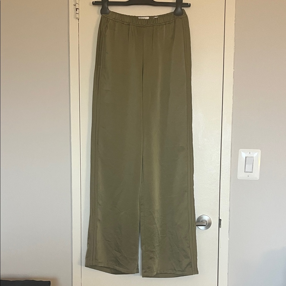 Vince olive green satin track pants with side seam, pockets